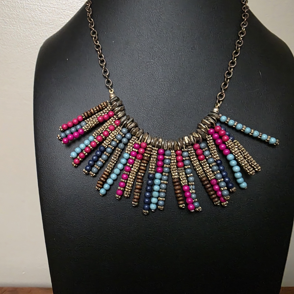 Multicolor Beaded Necklace. Frjnge Antique Chain. - Picture 4 of 9